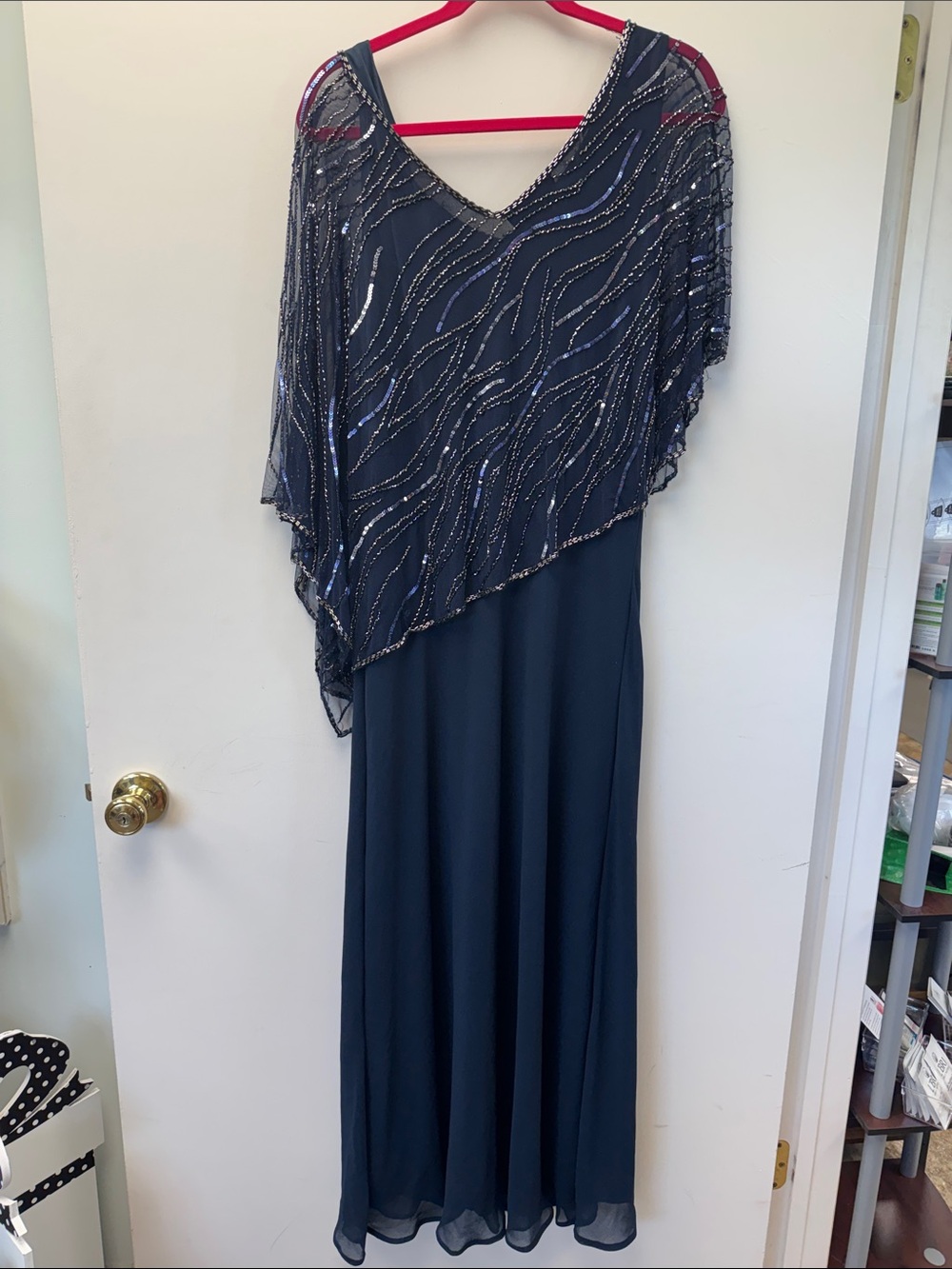 J Kara Navy Beaded Overlay Evening Gown